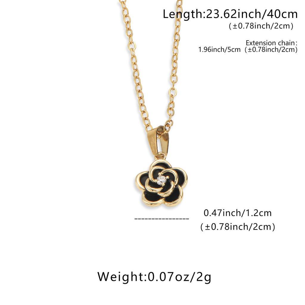 Gold-Plated Clavicle Chain Necklace with Black Enamel Camellia & Center Zirconia
