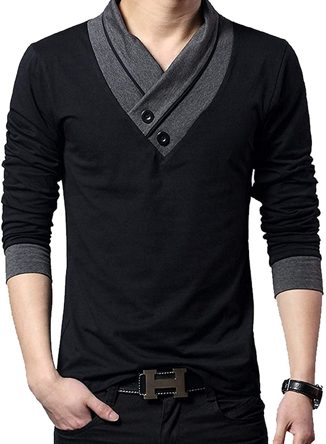 

2 Приталенный лонгслив и повседневная футболка MF01 [Make Be] с V-образным вырезом и рукавом/короткая футболка, сшитая, двухцветная, 100% хлопок, похожая на шарф, рубашка, (01#Черный, 02.XL)