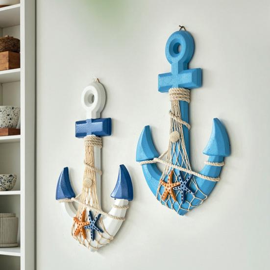 13" Nautical Wooden Wall Art with Hemp Rope Coastal Beach Theme Wall Hanging Ornament with Shells Starfishes for Home Bathroom Living Room Bedroom