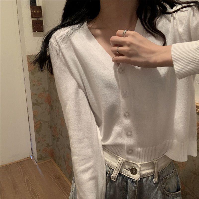 Korean Style V-Neck Knit Cardigan with Sleeves - Women's Versatile Short Sweater Coat for Spring & Autumn