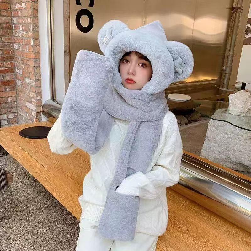 Hat Women's Winter Three-piece Set Thickened Scarf Gloves One-piece Hat Student Warm Cute Scarf Plush One-piece Hat