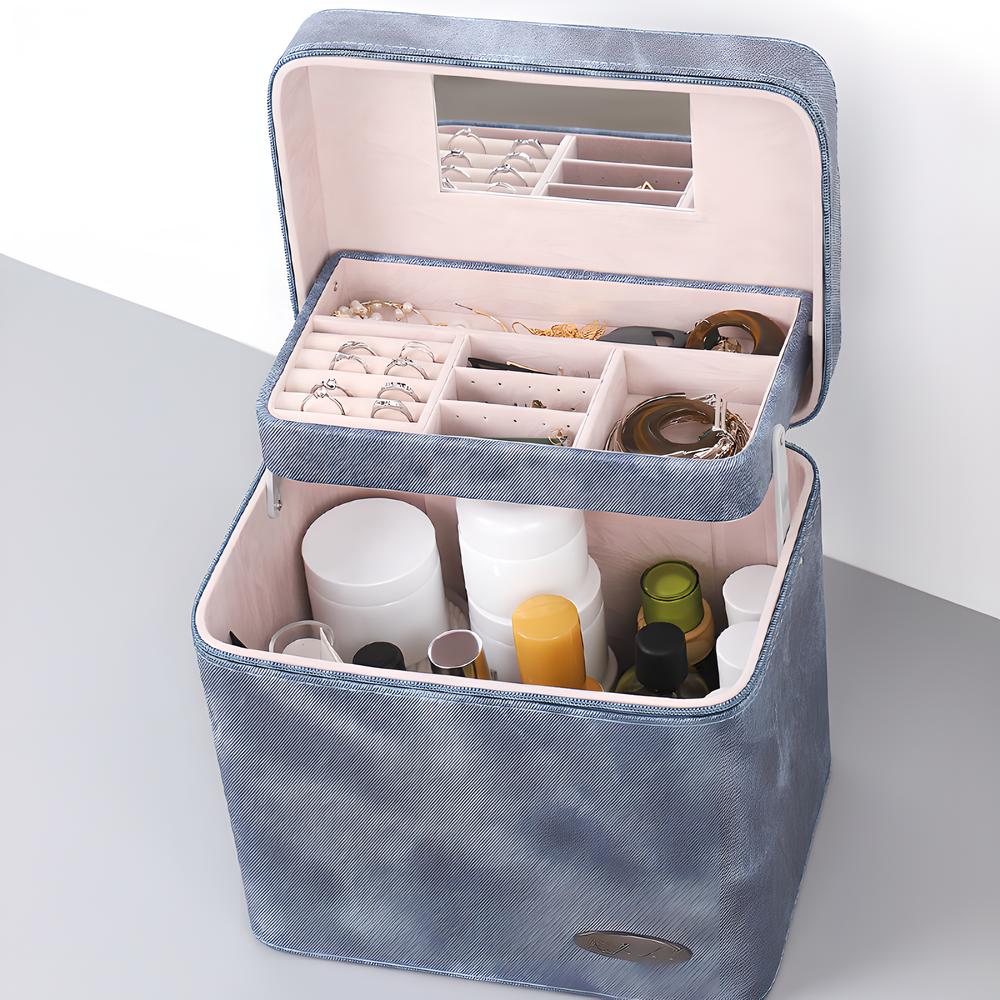 Large Capacity Cosmetic Box Pu Leather Waterproof Make-Up Case Lipstick Jewelry Organize Storage Multifunctional Box With Mirror