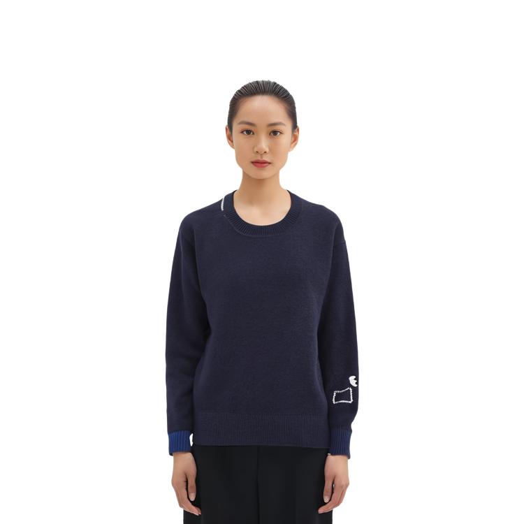 Uniqlo × Anya Hindmarch Collaboration FW23 Premium Lambswool Crewneck Sweater Women sweater Navy-Blue 468868-69