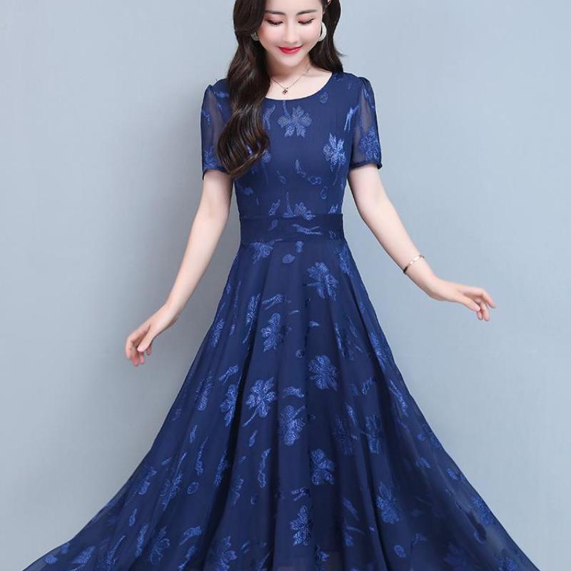 Summer New Women's Short Sleeve Printed Dress Slimming Waist Flared Long Skirt Korean Style Elegant Fashionable Casual Dress