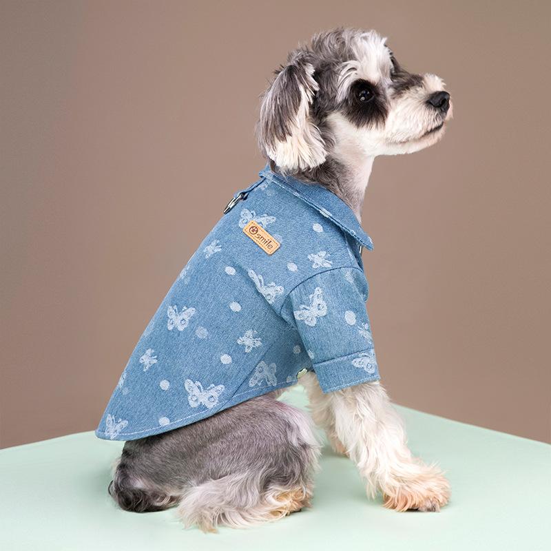 

Pet Dog Denim Shirt Small and Medium-Sized Dogs Handsome Turn Collar with Traction String Clip Bear Butterfly Pattern Two Feet S