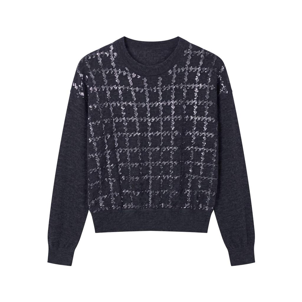 2026 Autumn Wool Sweater: Sequin Knit, Long Sleeve, Round Neck, Loose Fit, Slimming Grid Pattern