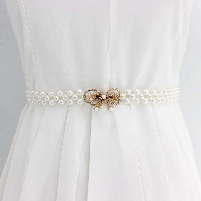 Women'S Rhinestone Pearl Waist Chain Dress Decorative Elastic Belt Women'S Sweet Flower Elastic Waist Seal