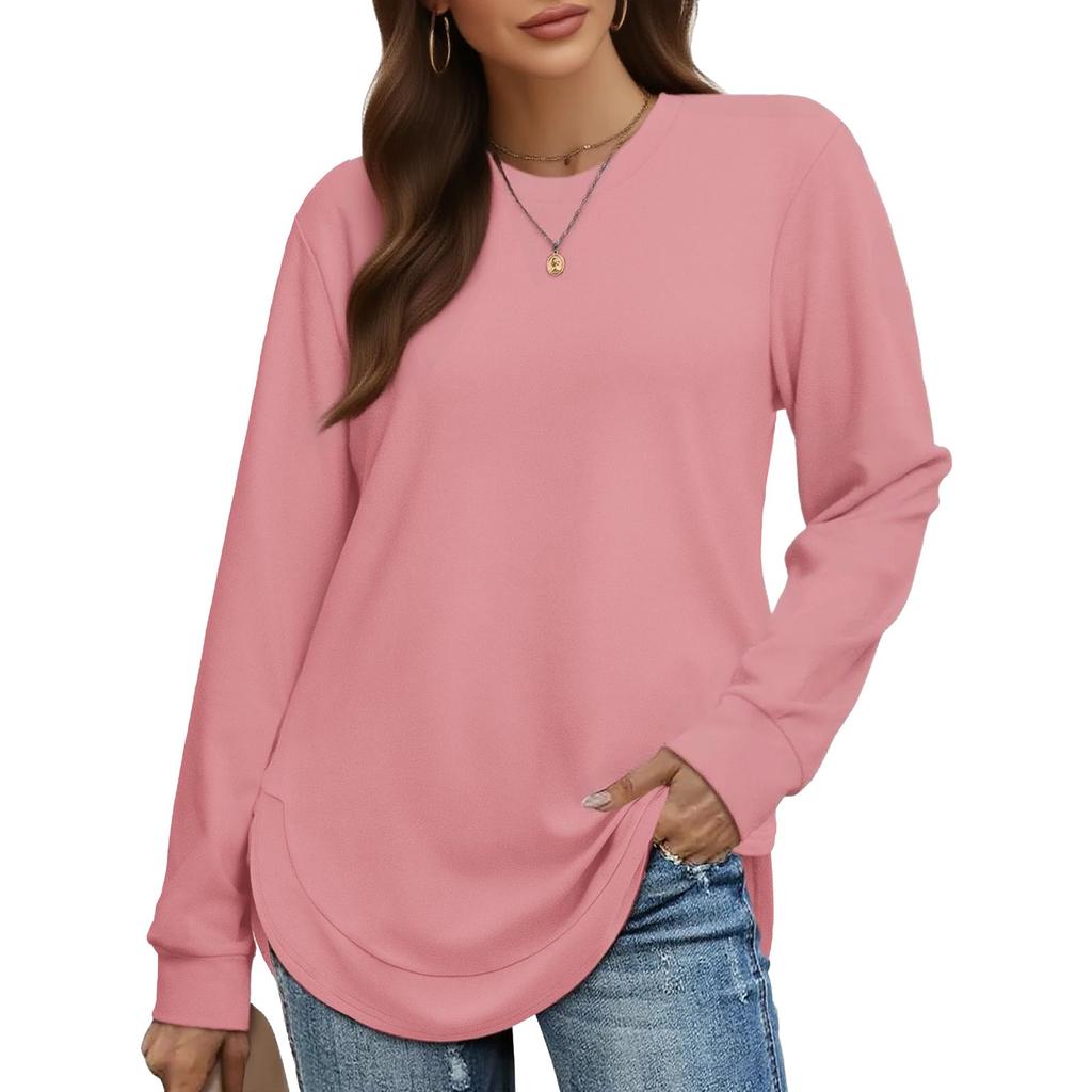 Women's Casual Fashion Round Neck Loose T-Shirt Solid Colour Long Sleeve Top
