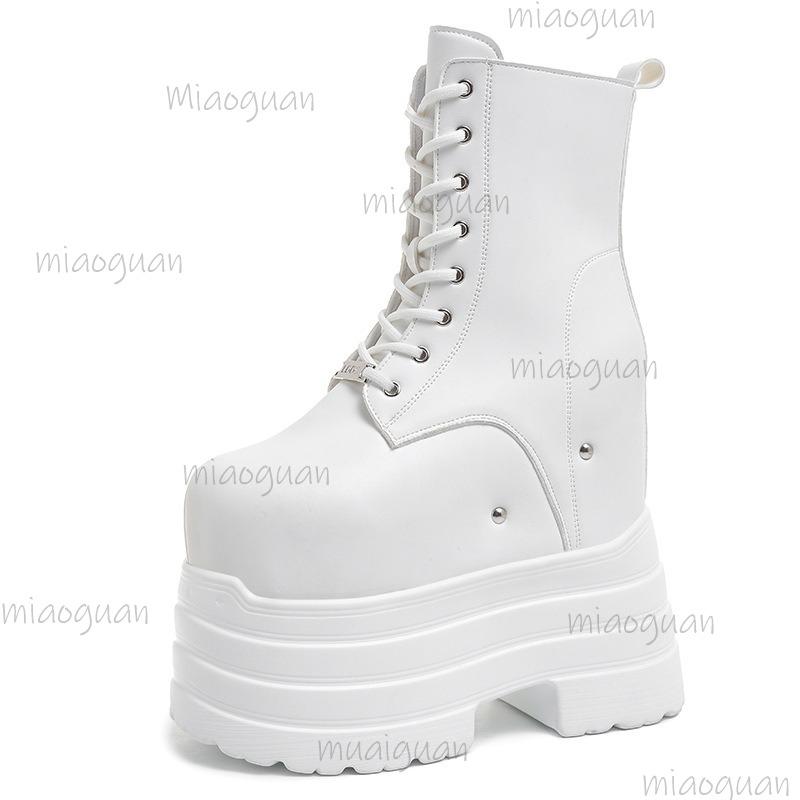 Dámské vysoké boty zvyšující výšku Černé kožené boty na silné platformě Boční zip Gotické punkové krátké boty Streetový styl