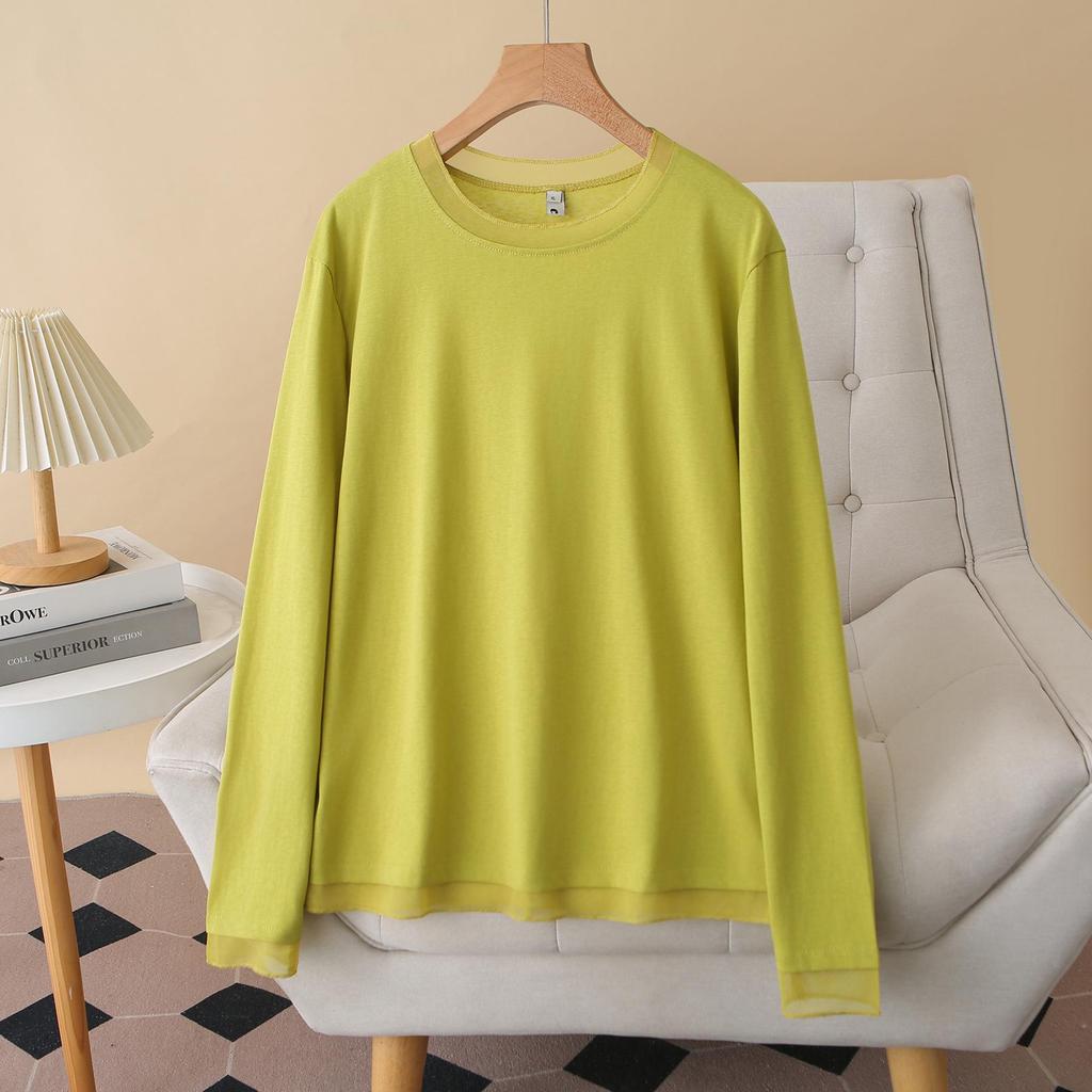 2026 Spring Plus Size Women's Mesh Splicing Long Sleeve Round Neck Base Layer Top for Chubby Girls