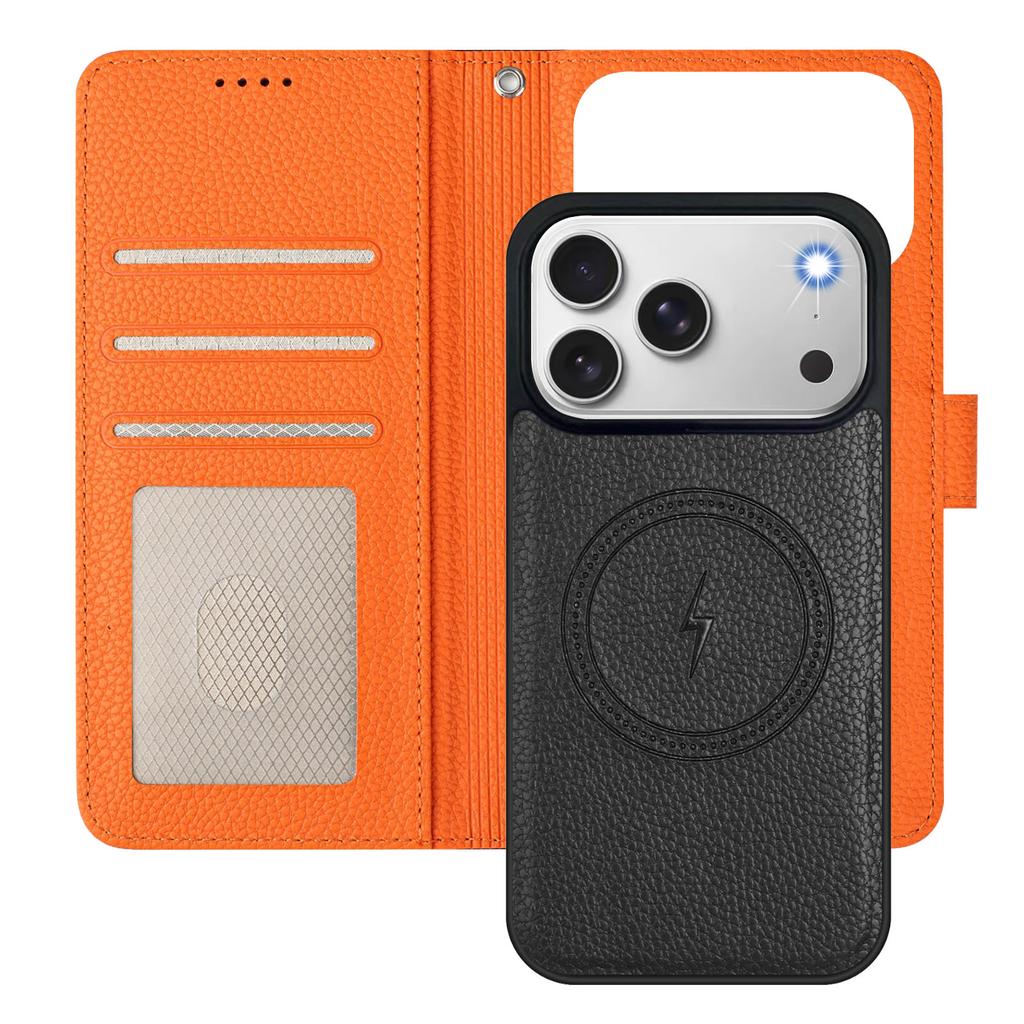 For iPhone 17 Pro Leather Case Detachable Wallet Magnetic Phone Cover with Hand Strap