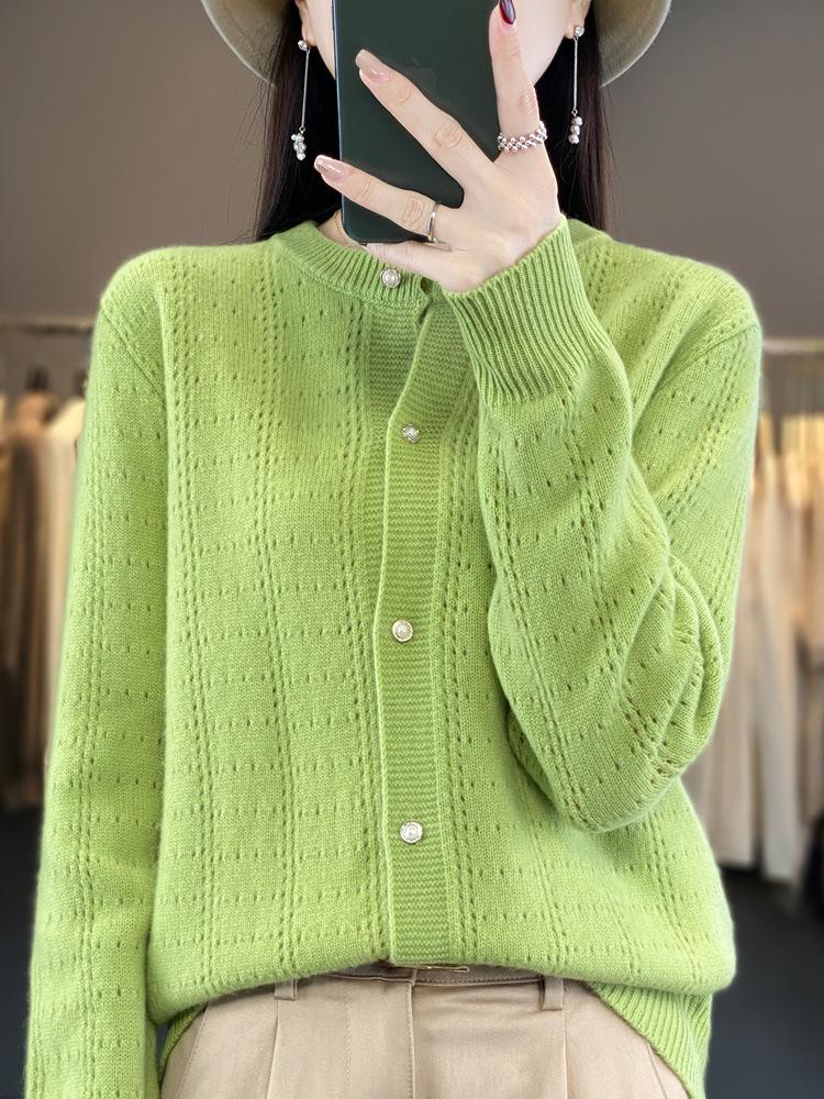 Women's Round Neck Wool Cardigan: Loose Fit, Solid Color, Hollow Long Sleeve - Suitable for Spring, Autumn, and Winter.