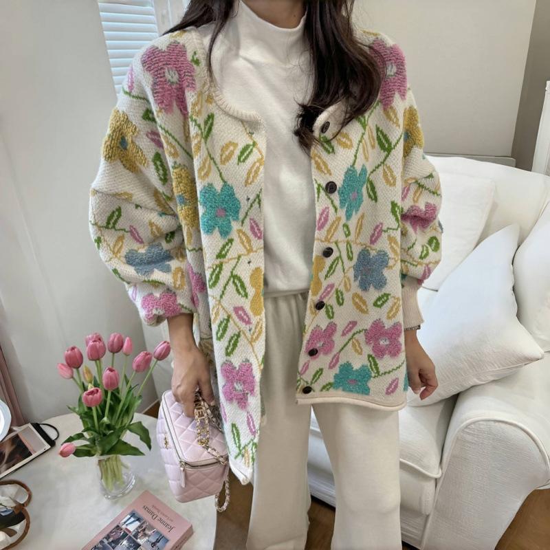 

МОДА Корейский ленивый ветер флокированный цветочный кардиган свитер куртка, женская одежда One Size