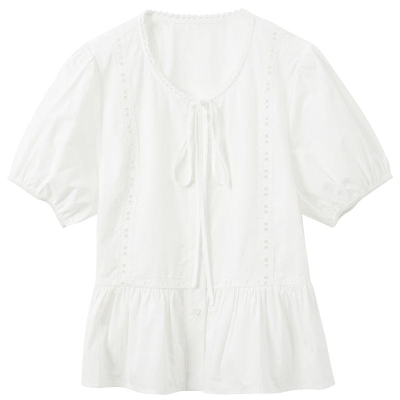 Sancai 100% Cotton Summer Puff Sleeve White Blouse
