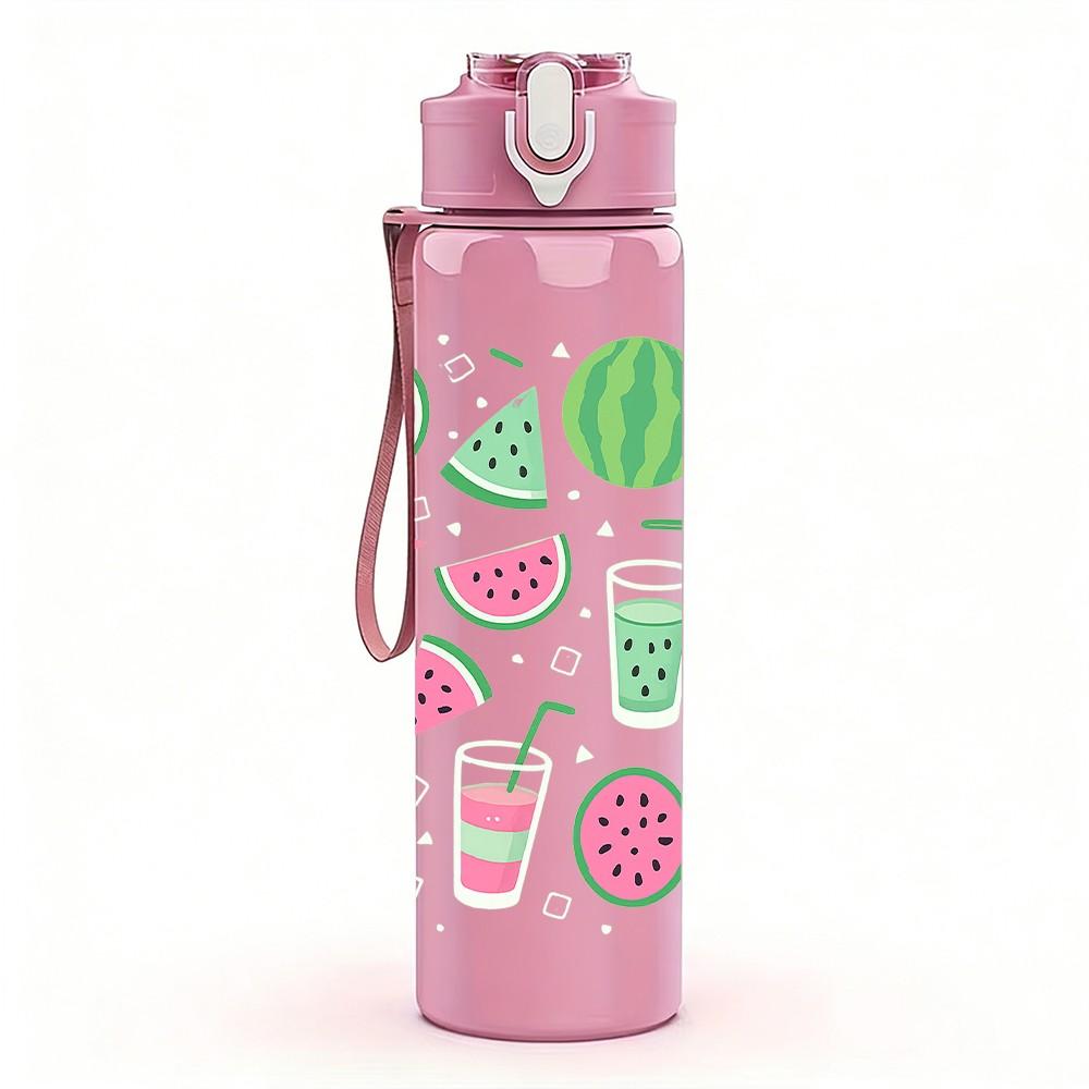 1PC Watermelon Slice Fruit Pattern 750ml Color Plastic Sports Water Bottle Leakproof Flip Straw Lid Suitable for Sports Office Home Use