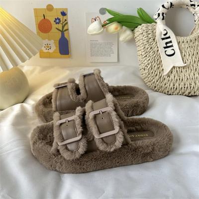 Fashion Women's Fur Flip Flops Thick Bottom Flocking Time Shoes Outdoor Slippers Autumn Slippers Roman Shoes Plush Fabric 2024