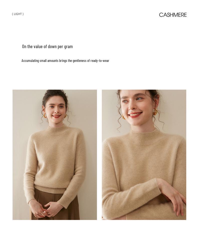 Women's Thickened Cashmere Long Sleeve Pullover - Half-High Neck, 100% Pure Knit for Autumn/Winter