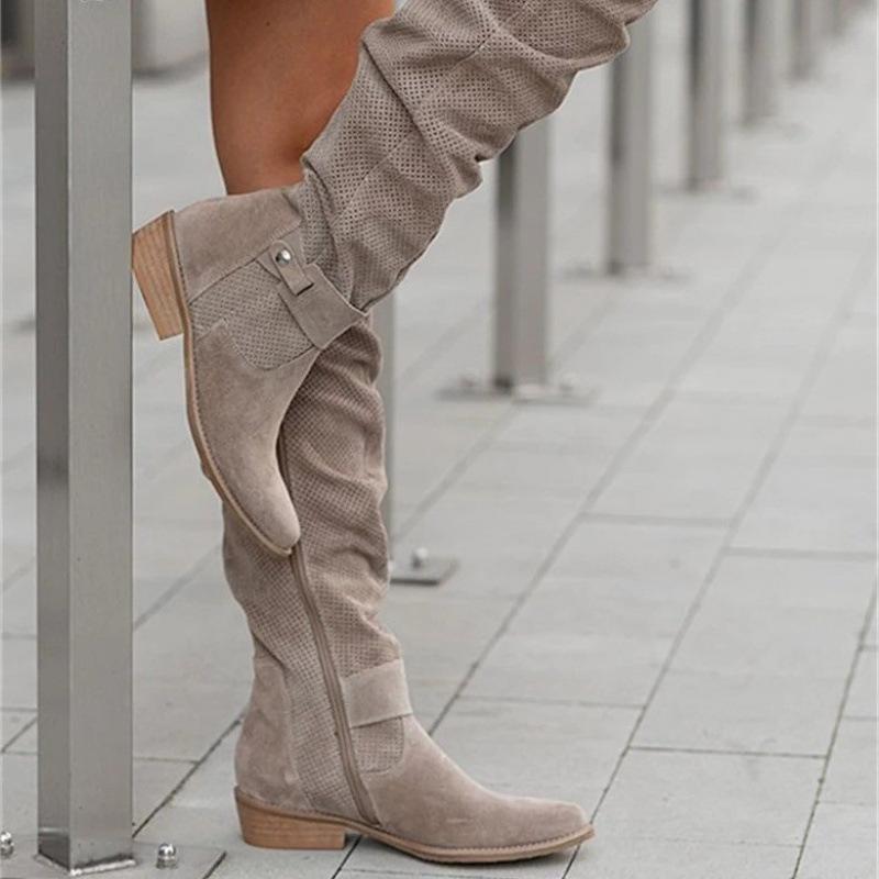 Fashion Girls Solid Suede Button Zipper Side Leisure Chunky Knee High Boots Woman Casual Long Botas Shoes