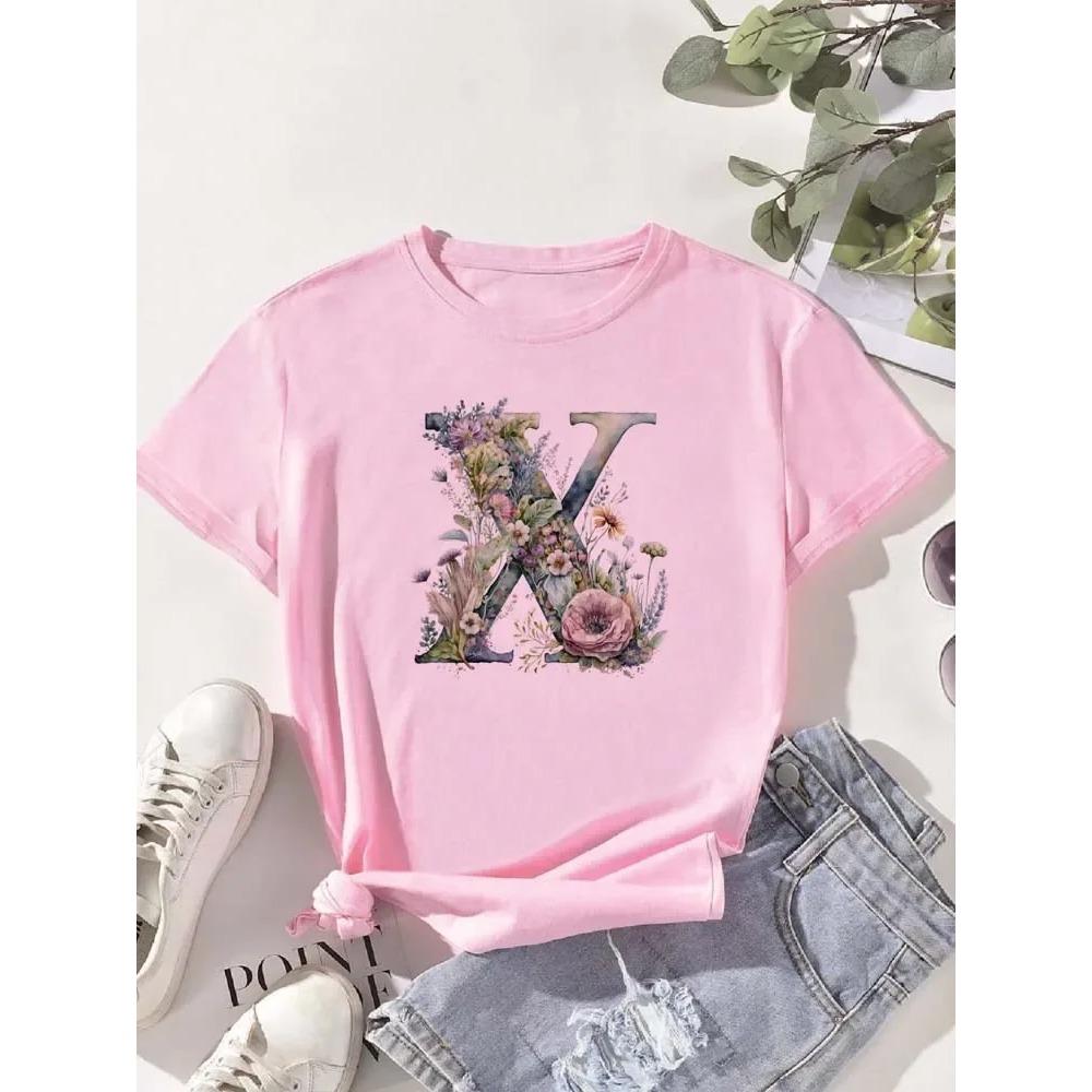 A B C D E English Alphabet Floral T Shirt Women New Summer Female T-Shirt Harajuku Casual Tops Tshirts