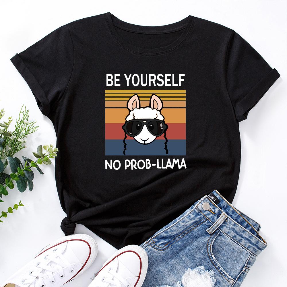 Women's Cute Alpaca Print Loose Round Neck Short Sleeved T-shirt for Women Shirt
