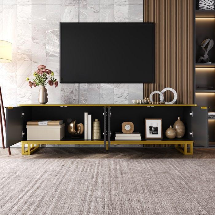 Meuble TV moderne - MODERNLUXE - 160x37,5x48 cm - 4 portes - MDF + Métal - Noir + Doré - Texture géométrique