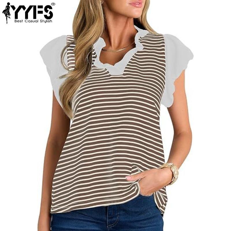 YYFS Women's Fashion Casual Summer Spring Stripe Print Short Sleeve V-Neck Blouses & Shirts
