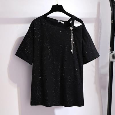 T-shirt Estiva da Donna Taglia Forte con Glitter Lucido Spalla Scoperta Monospalla Top Spalla Scoperta