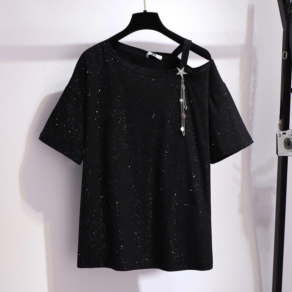 Women's Summer Plus Size Shiny Glitter Off Shoulder One Shoulder T-Shirt Off Shoulder Tops