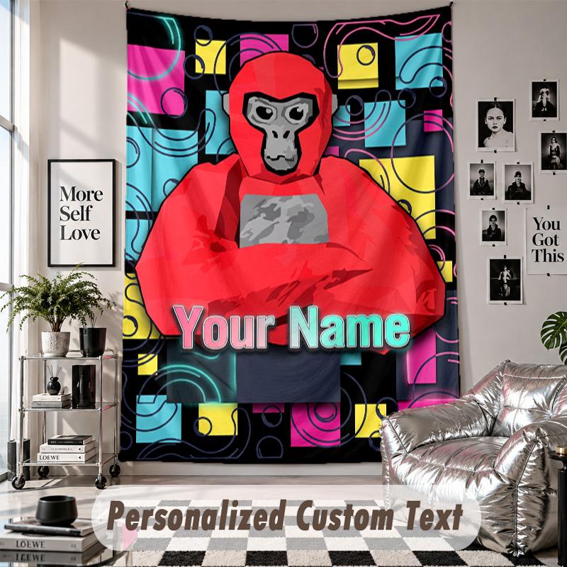 Wall Hanging Tapestry With Custom Name & Text, Gorilla Tag Cartoon Decorative Tapestry For Bedroom