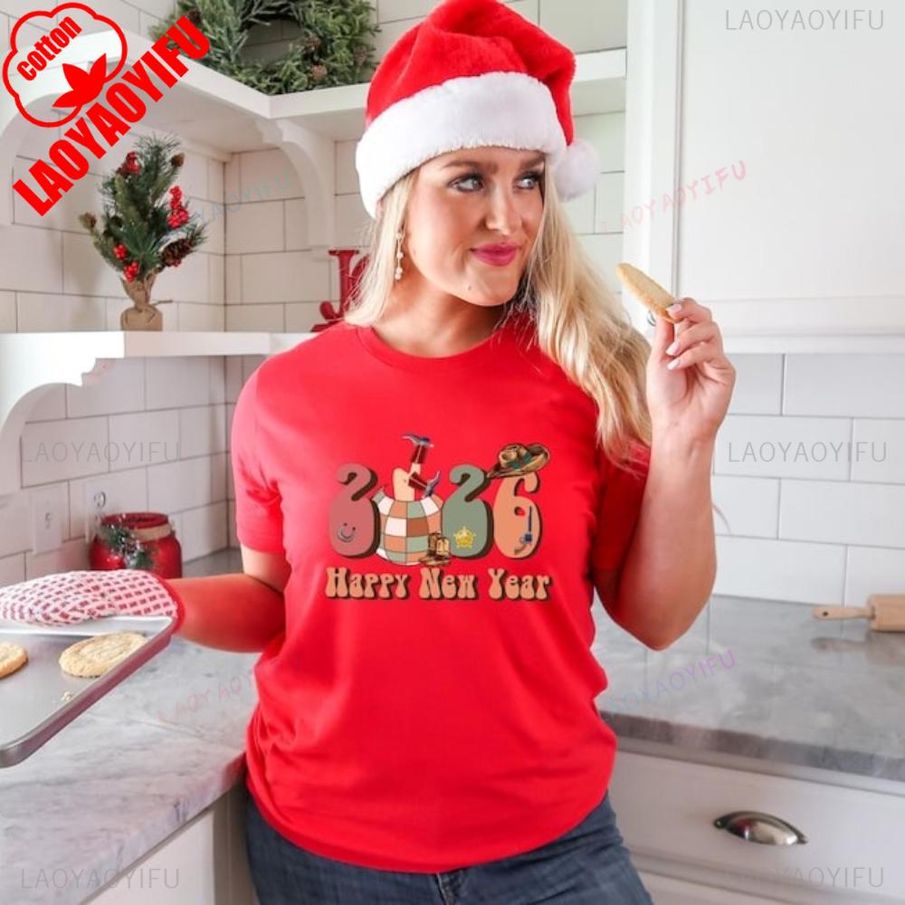 2026 Happy New Year Shirt Western New Year TShirt Cowgirl Cowboy 2026 TShirt Festival Party Women Tee Fashion Casual Cotton Top S