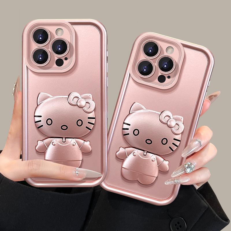 Pink cat mirror for iphone16 iPhone case 15 Frosted silicone 14 Premium sense 13 Lanyard female