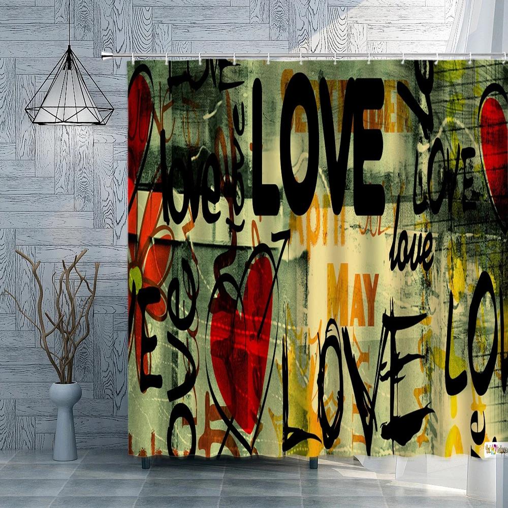 Love and Hearts Design Shower Curtain Set Retro Off-white Home Decor Bath Curtain Abstract Colorful Pattern Polyester with Hooks