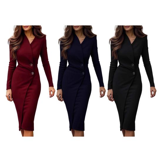 Rochie de damă cu mânecă lungă, mulată, tip teacă, cu decolteu în V, rochie de lucru pentru afaceri, cocktail, petrecere, lungime până la genunchi, midi, petrecută