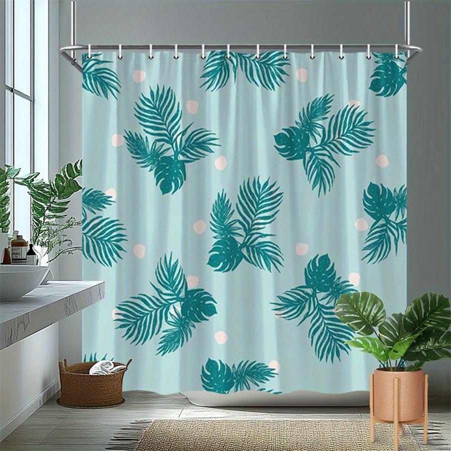 1Pc Blue-Green Shower Curtain With Palm Leaf And Monstera Leaf Pattern, Made Of Polyester Fabric, Suitable For Bathroom Dcor.