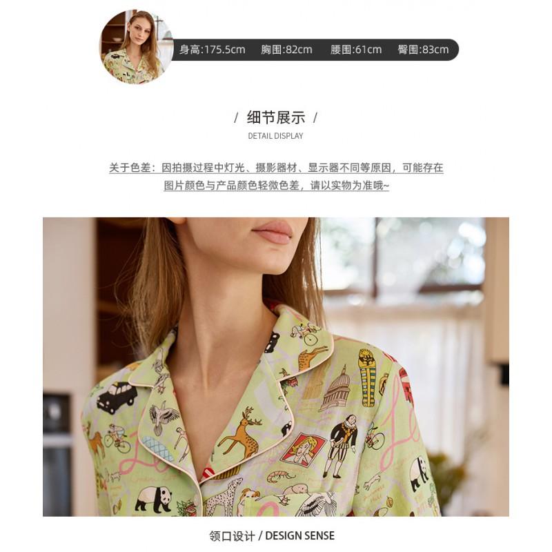Womens Loose Cotton Gauze Pajama Set With London Landmark Print Long Sleeve Lounge Wear