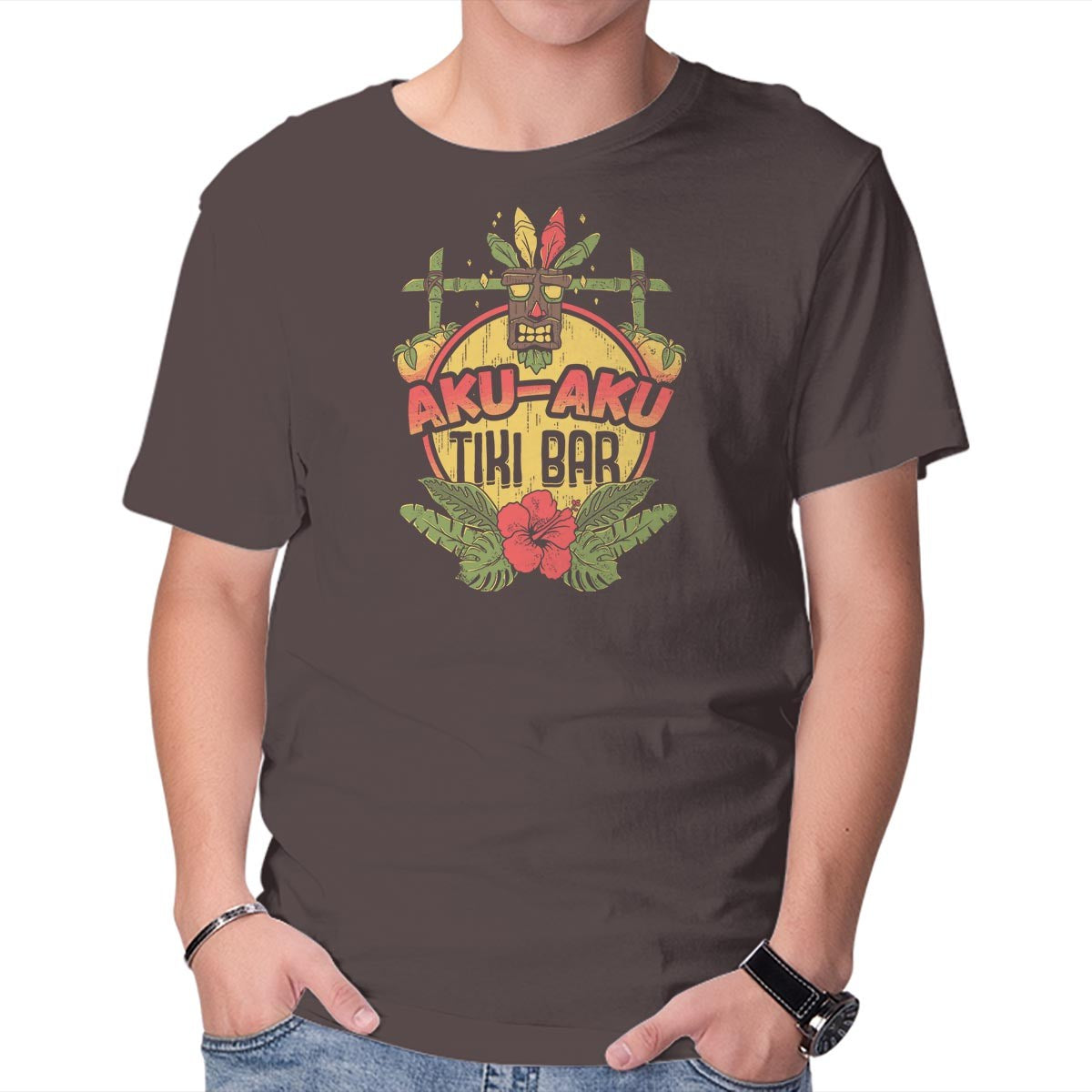Unisex Crew Neck T-Shirt Aku Aku Tiki Bar Graphic Short Sleeve Casual Tee XS