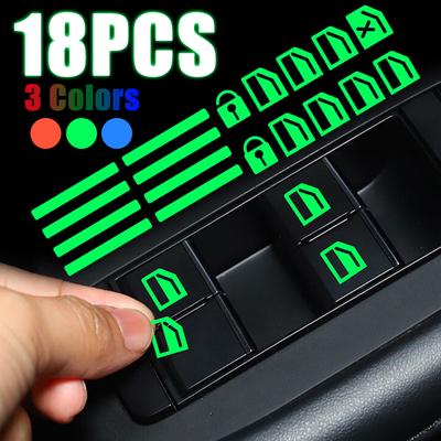 Lot de 18 autocollants lumineux universels pour intérieur de voiture, pour panneau de commande de vitres de voiture, pour bouton de lève-vitre de porte automatique