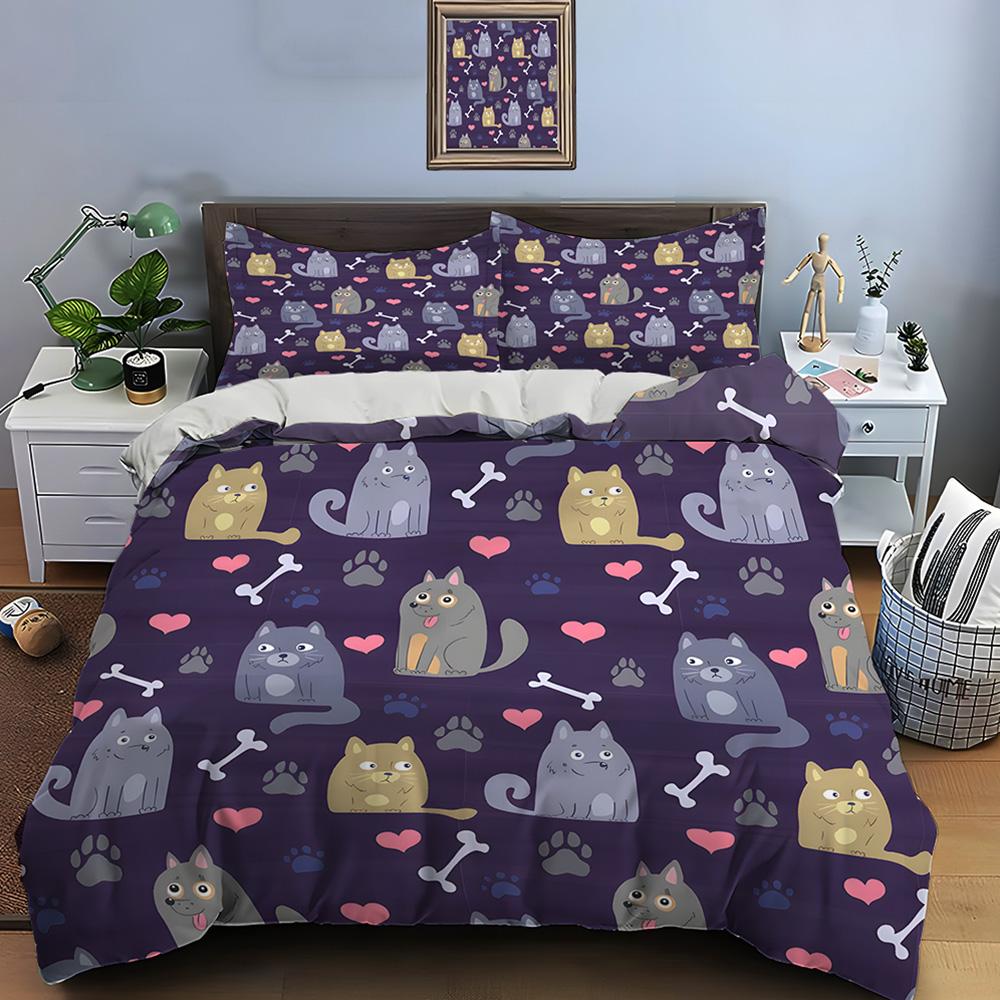 Cute Cats And Elements Background Print Bedding Set 1 Duvet Cover 2 Pillowcases For Adult And Children Luxury Gift Full Size