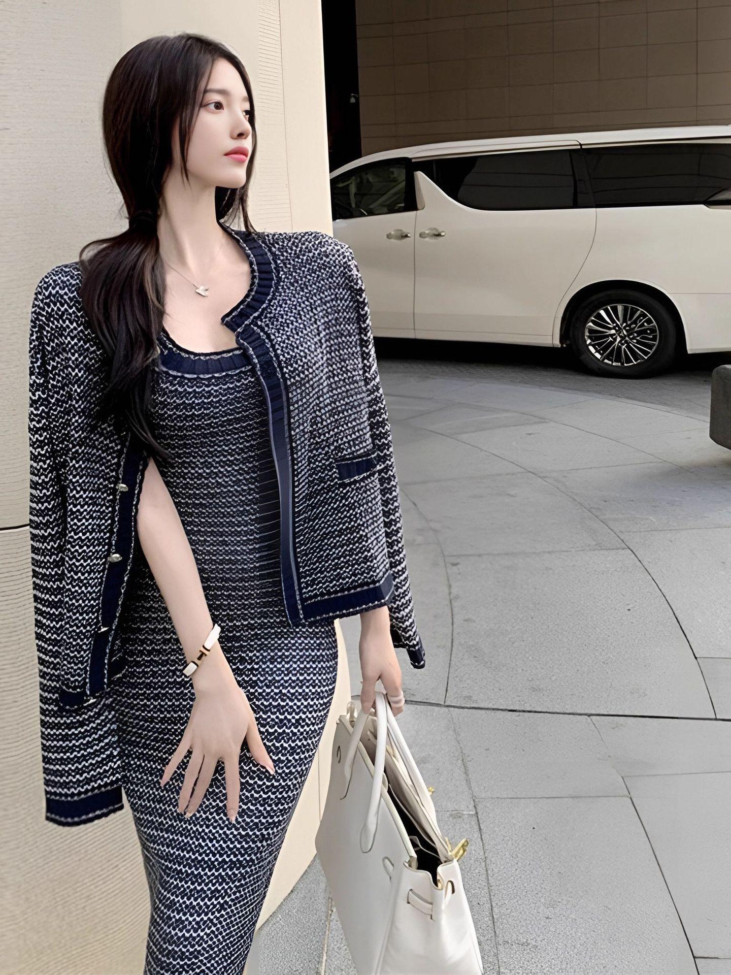 2025 Autumn Women s High-End French Chic Knit Camisole Dress Set M