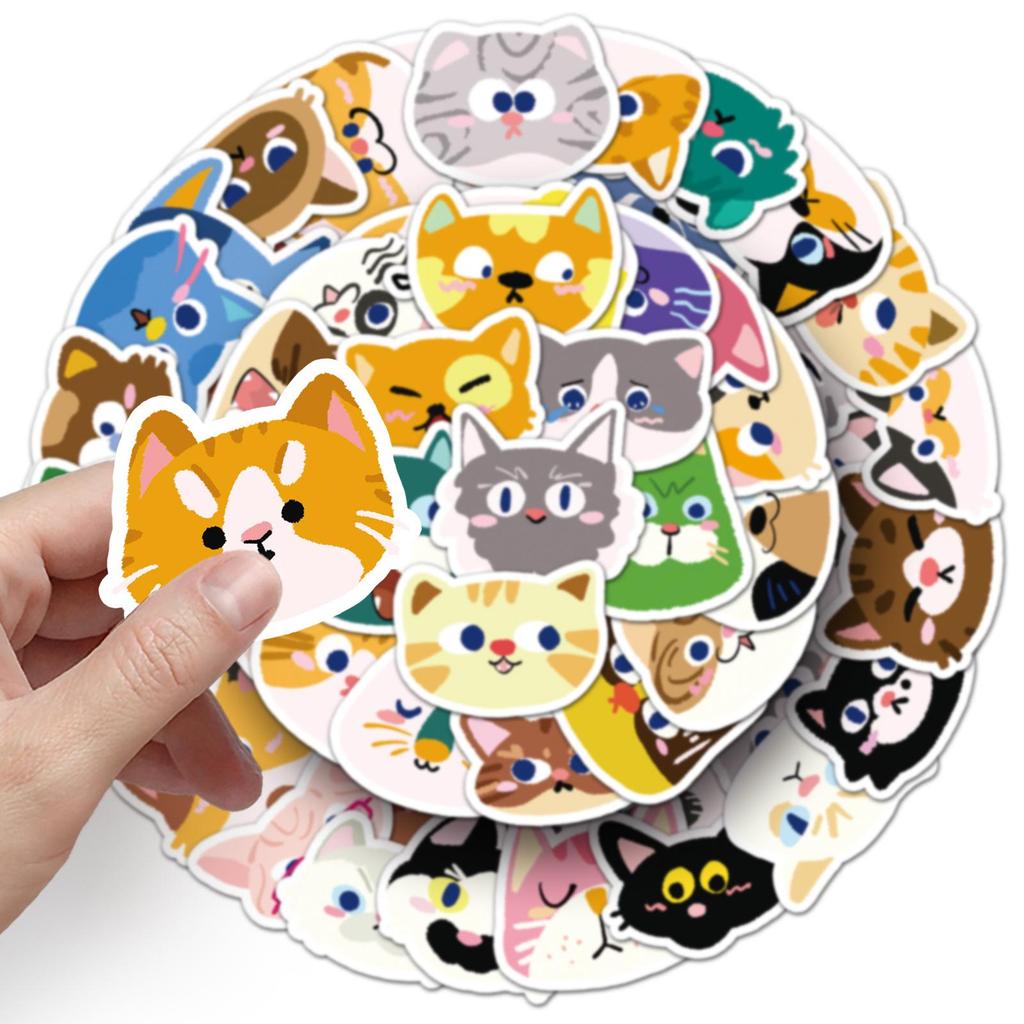 50PCS Cute Cat Head Stickers: Original Cartoon Graffiti Waterproof Decals for Journals and Thermos Cups.
