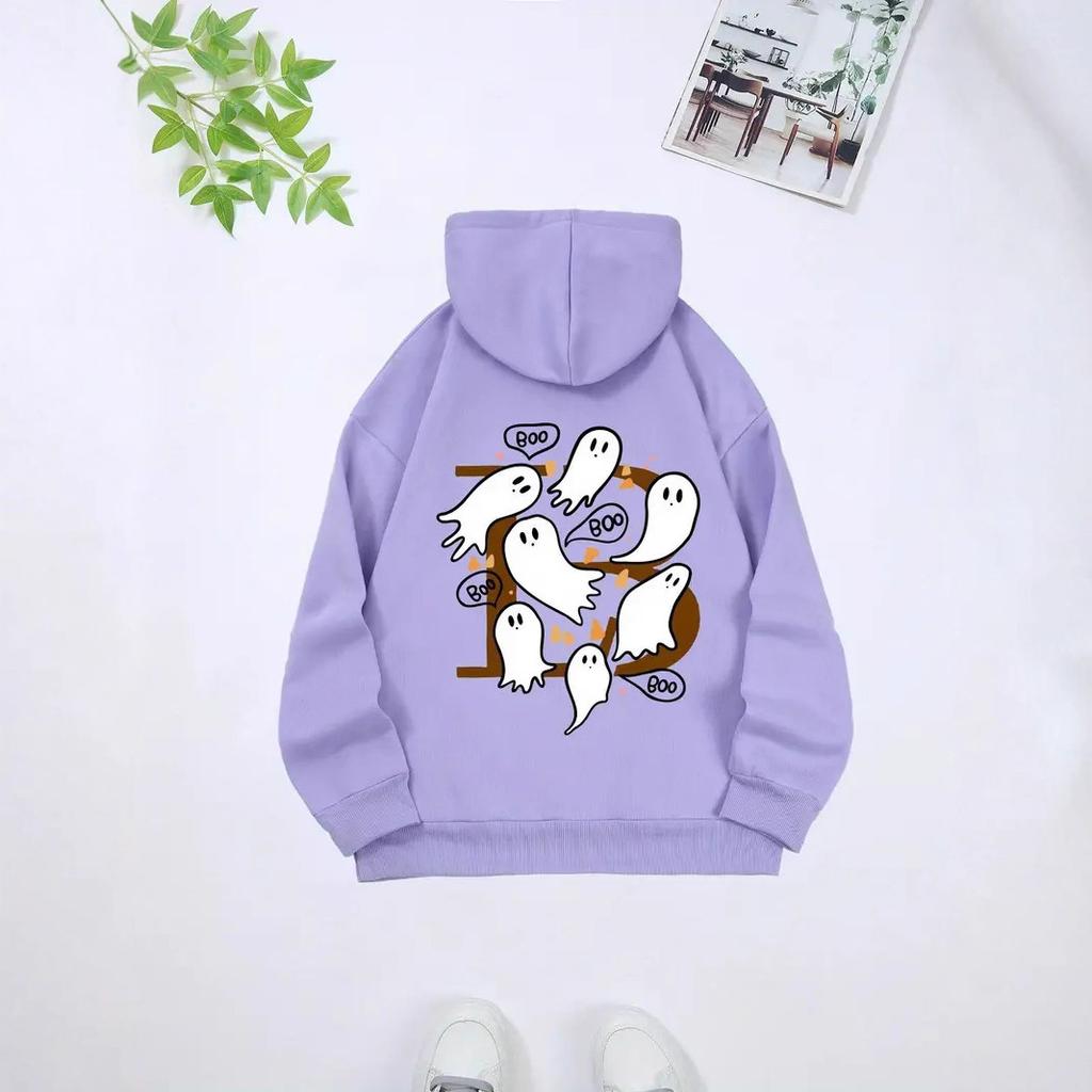 Ladies Spring Autumn Casual Hooded Long Sleeve Big Pocket  Halloween Ghost Printed Pullover Hoodies Sweatshirt Top