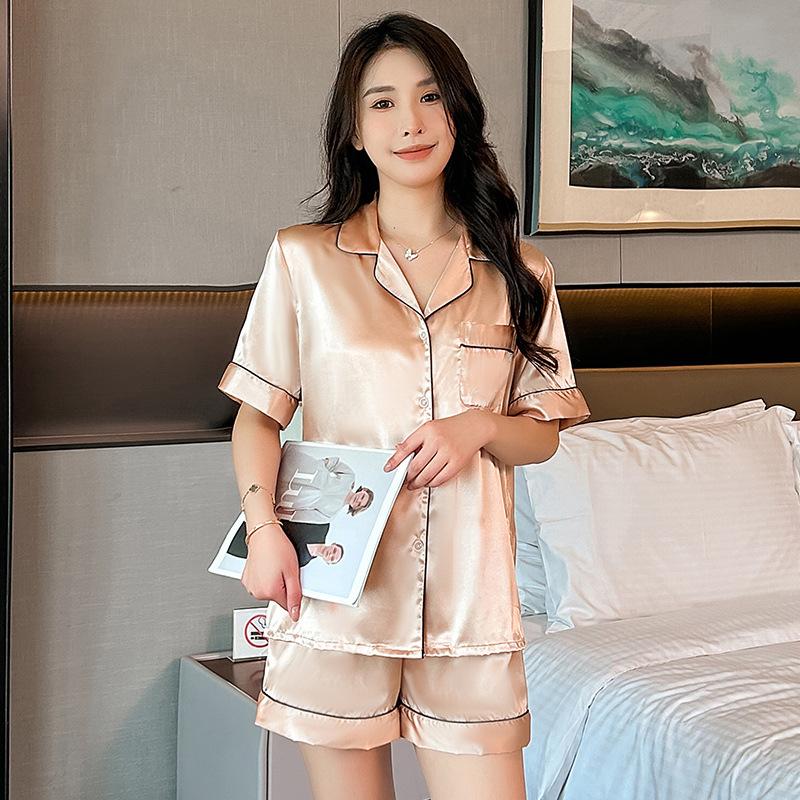 Pajamas Women's Ice Silk Short Sleeve Shorts Set Spring and Summer Thin Solid Color Large Size Women's Loungewear Premium can be worn outside