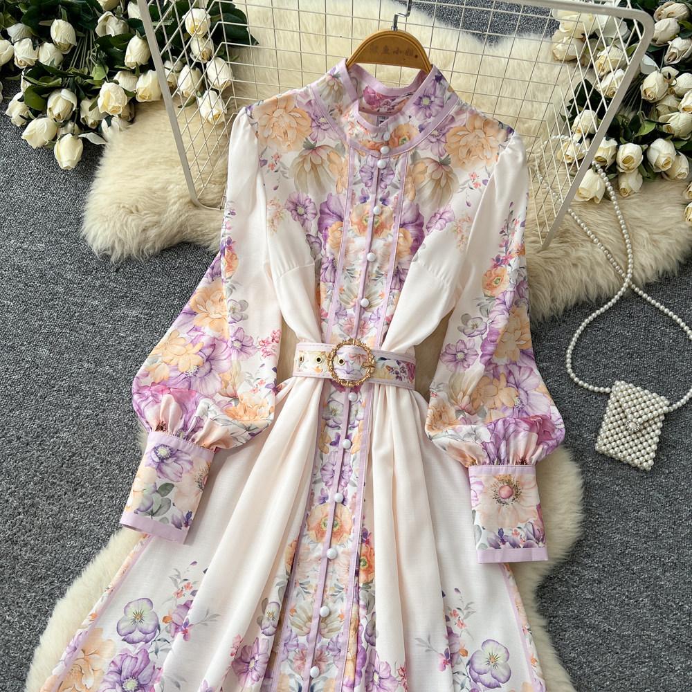 Abiti Lunghi da Festa Donna Primavera Autunno Vintage Stampa Floreale Rosa da Sfilata Manica Lunga Monopetto con Cintura