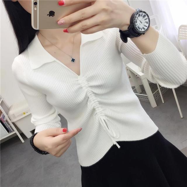 Вязаный свитер, женский топ с длинными рукавами на шнурке, весна-осень, рубашка с квадратным воротником, однотонный тонкий трикотаж XL белый