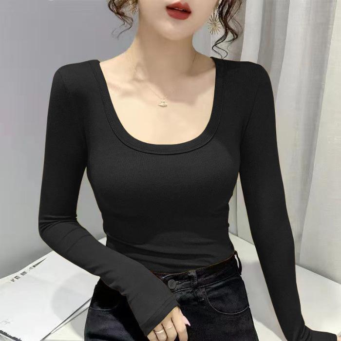 Base Layer Women Autumn Winter Long Sleeve Inner Wear Structured Shoulder T Shirt Slim Fit Ribbed Versatile Can Be Outer Wear Top