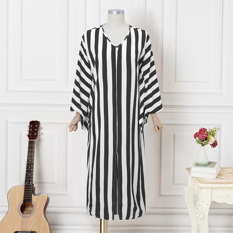 Oversized Women V Neck Batwing Sleeve Striped Print Casual Baggy Maxi Dress