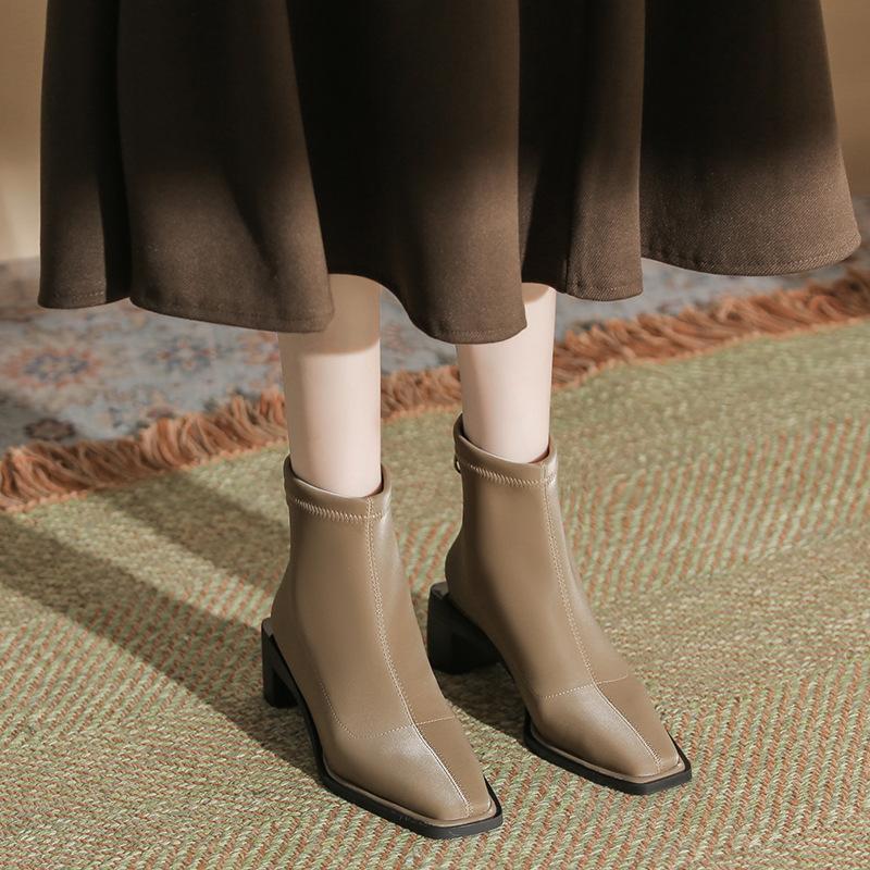 

H376-2 высокие мерсеризованные замшевые тонкие полусапожки на толстом каблуке черного цвета, осенне-зимние сапоги на молнии, нишевые модные сапоги 39