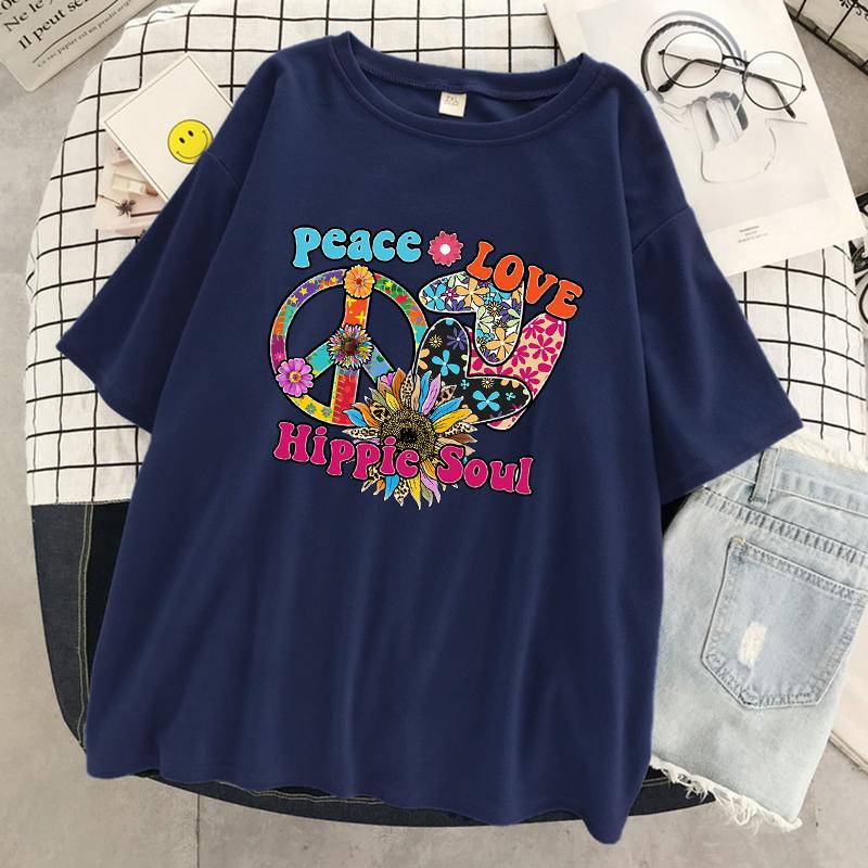 Peace Love Hippie Soul Printing Female T-Shirt Summer Cool Short Sleeve Breathable Cotton Tops Street Loose T Shirt Women