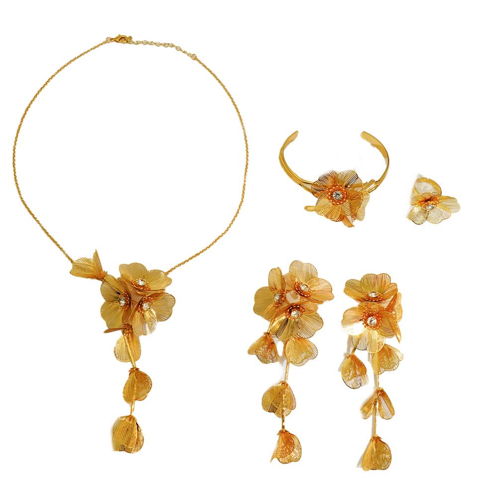 Exquisite 4-Piece Tassel Jewelry Set: Hollow Flower Necklace, Earrings, Bracelet & Ring