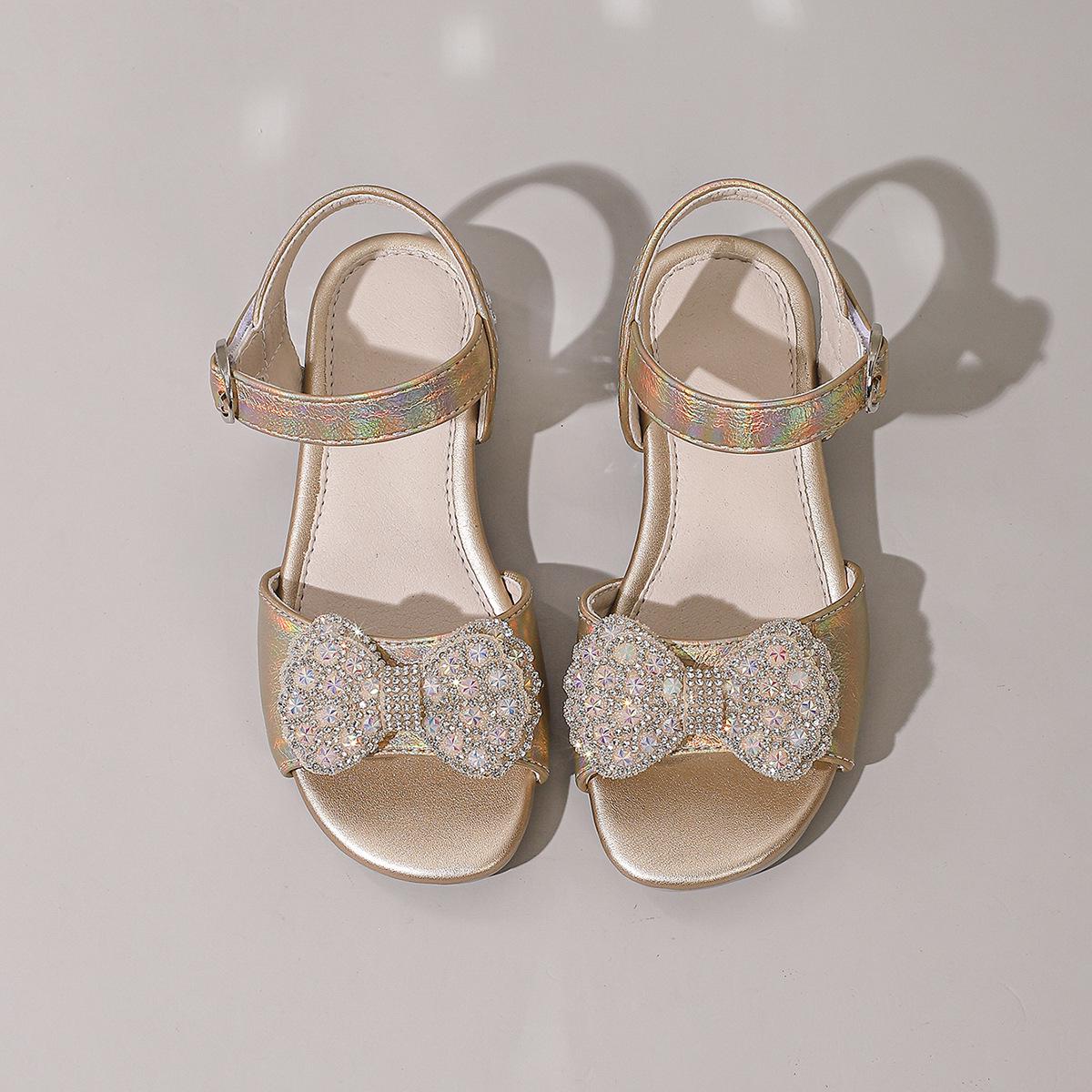 Girls  Rhinestone Bow Princess Sandals - Gold/Silver, Non-Slip Summer Shoes. 29